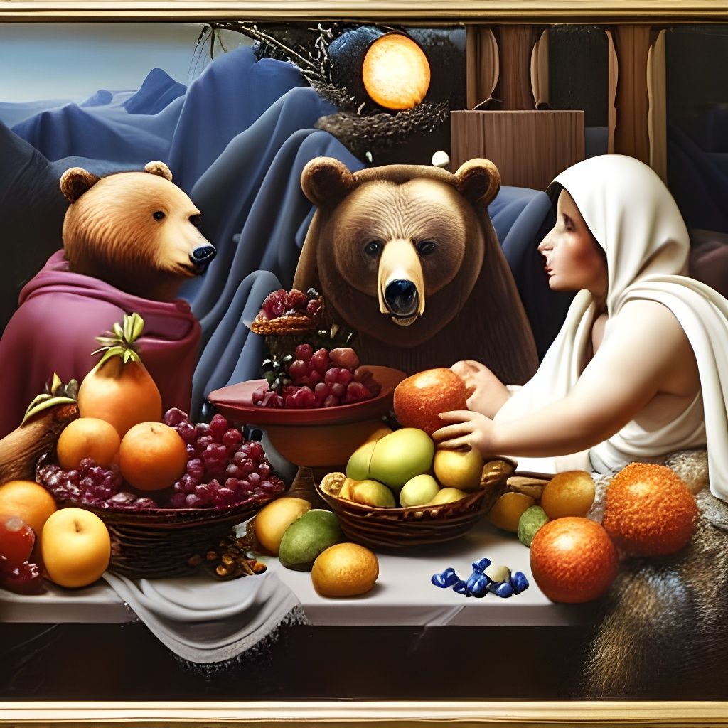 Surreal Nativity Scene with Bears and Fruit