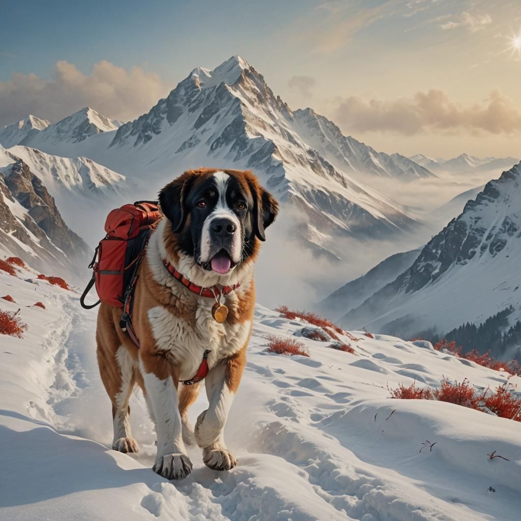St Bernard Dog on Snowy Mountain as Oil Painting