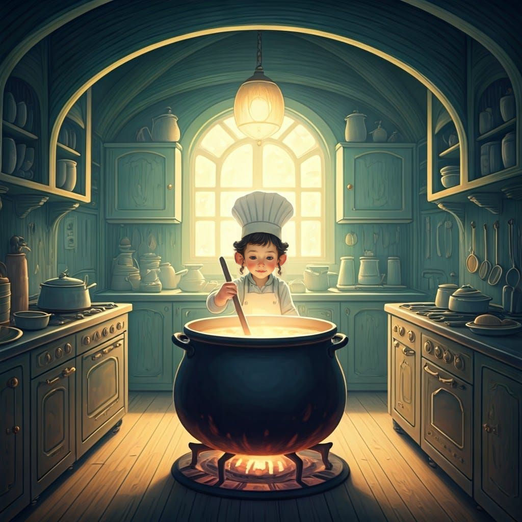 Whimsical Watercolor Kitchen Scene with Young Hasidic Chef