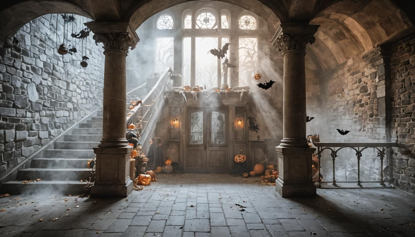 Spooky Halloween Scene with Pumpkins and Fog