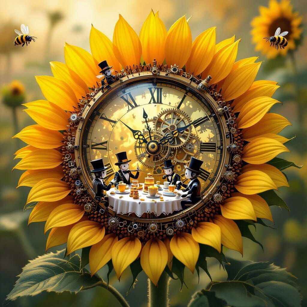 Clockwork Tea Party in a Sunflower, Retro-Futuristic Style
