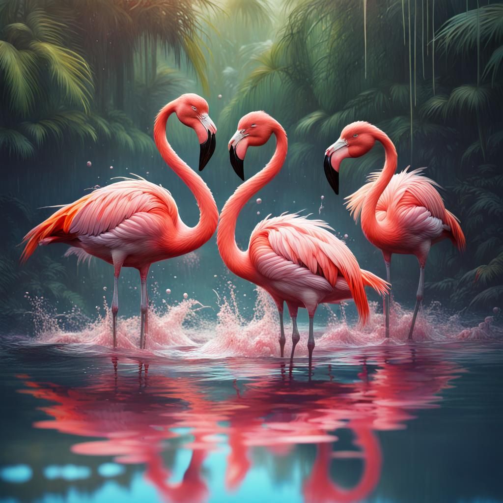Flamingos in Water, Hyperrealistic Digital Oil Painting