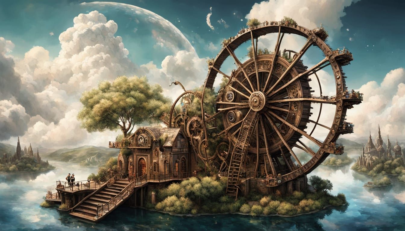 Steampunk Waterwheel Powers Floating Island City Amidst Whim...