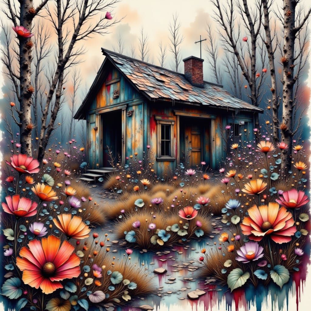 Dilapidated Cabin in Wildflowers, Abstract Style