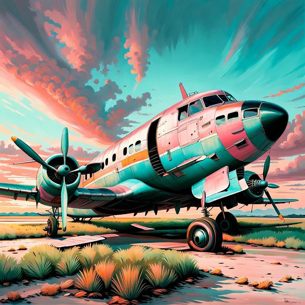 Abandoned Airplane at Sunset in Pastel Painting Style