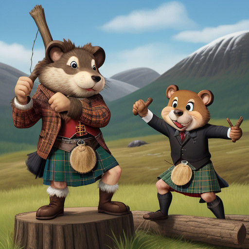 Cartoon Woodchuck Throws Log to Kilted Highlander in Scottis...