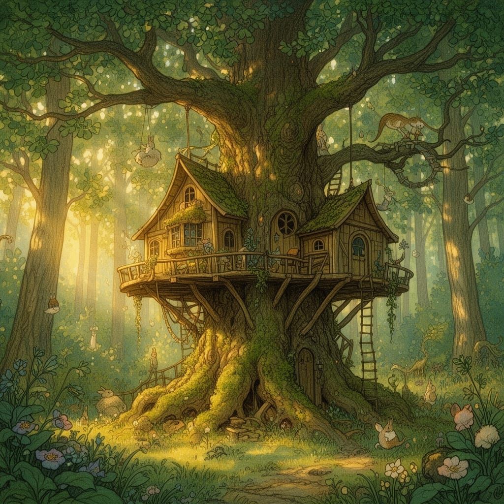 Enchanted Ancient Treehouse in Serene Hand-Drawn Forest