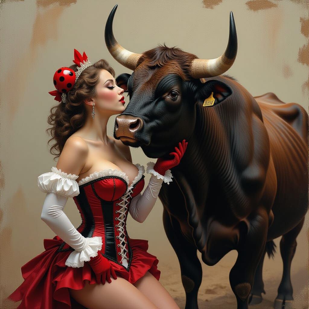 Burlesque Dancer Kisses Romantic Bull in Horror Style