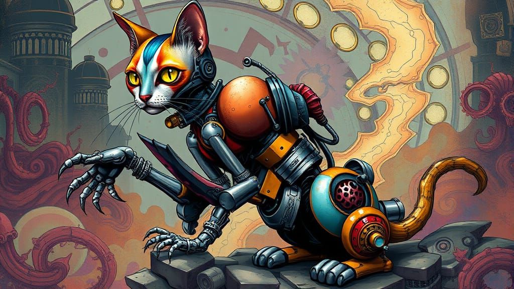 Biomechanical Cat in Comic Book Style