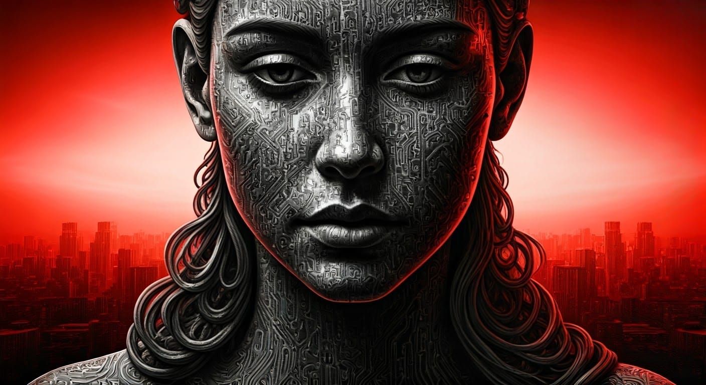 Futuristic Charcoal Portrait of Woman's Bust in Binary Code ...