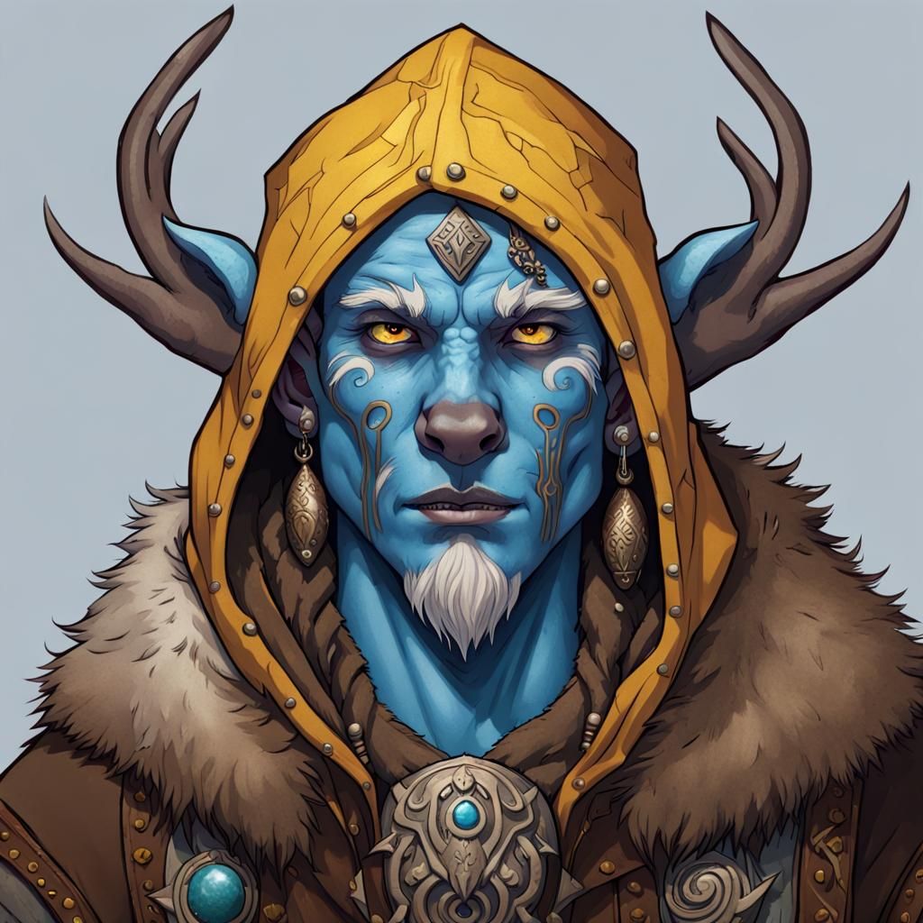 Blue-Skinned Firbolg Druid Portrait in Fantasy Style