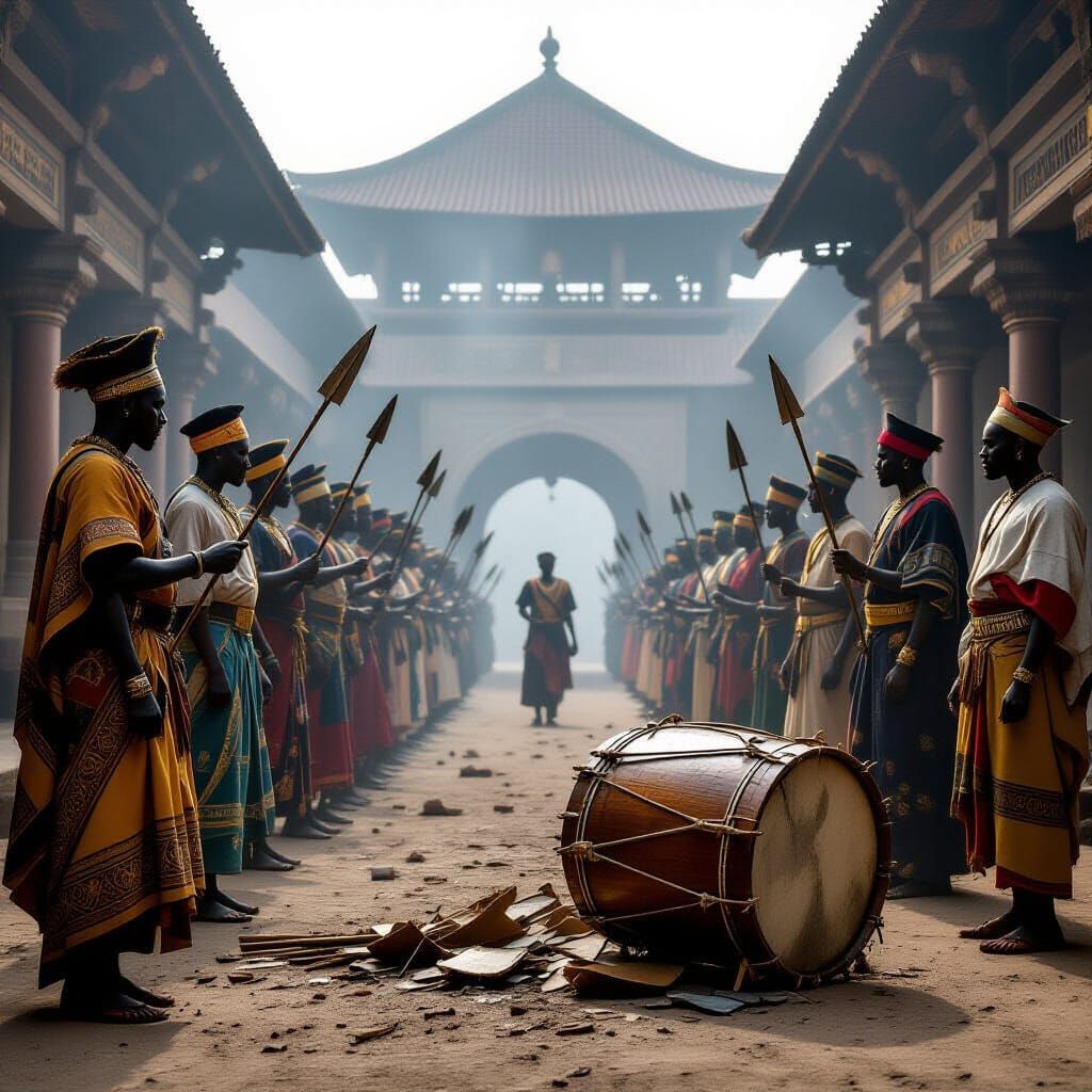 Misty African Courtyard: Warriors Mourning, Contemporary Art...