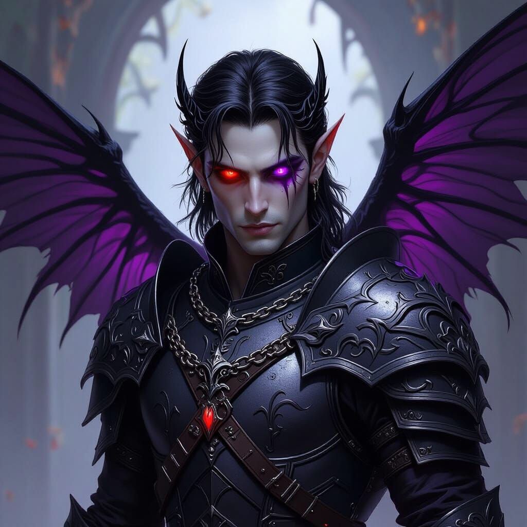Dhampir Warrior with Red and Purple Eyes, Black and Purple W...