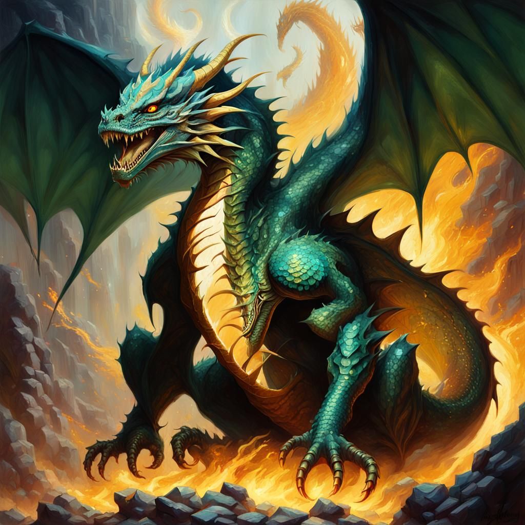 Fantasy Dragon on Treasure Hoard as Oil Painting