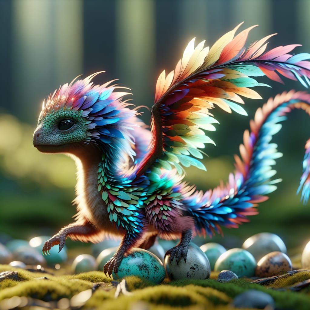 Iridescent Feathered Dragon Hatching, Fantasy Matte Painting