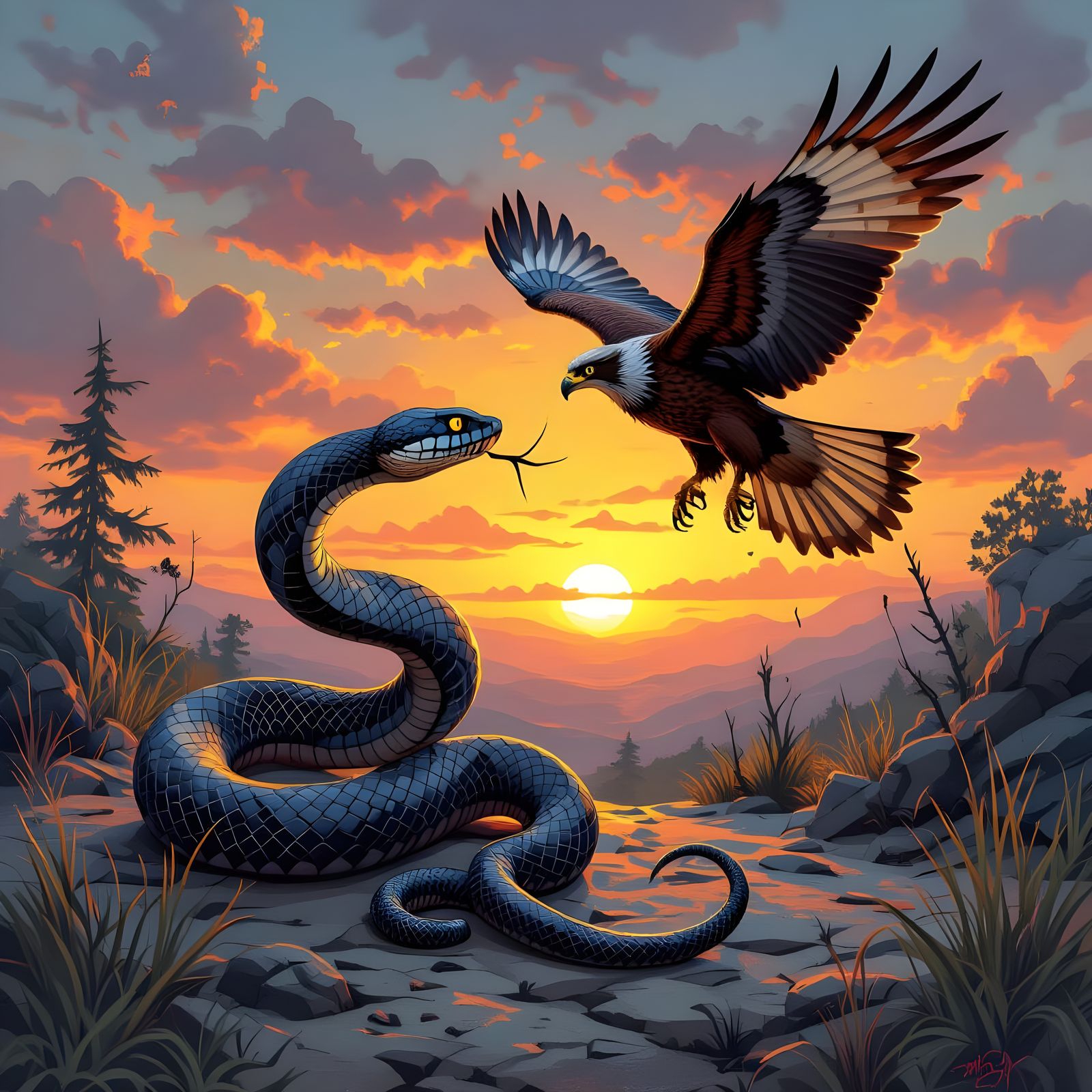 Ice Snake Attacks Fire Hawk at Sunset Graffiti Art