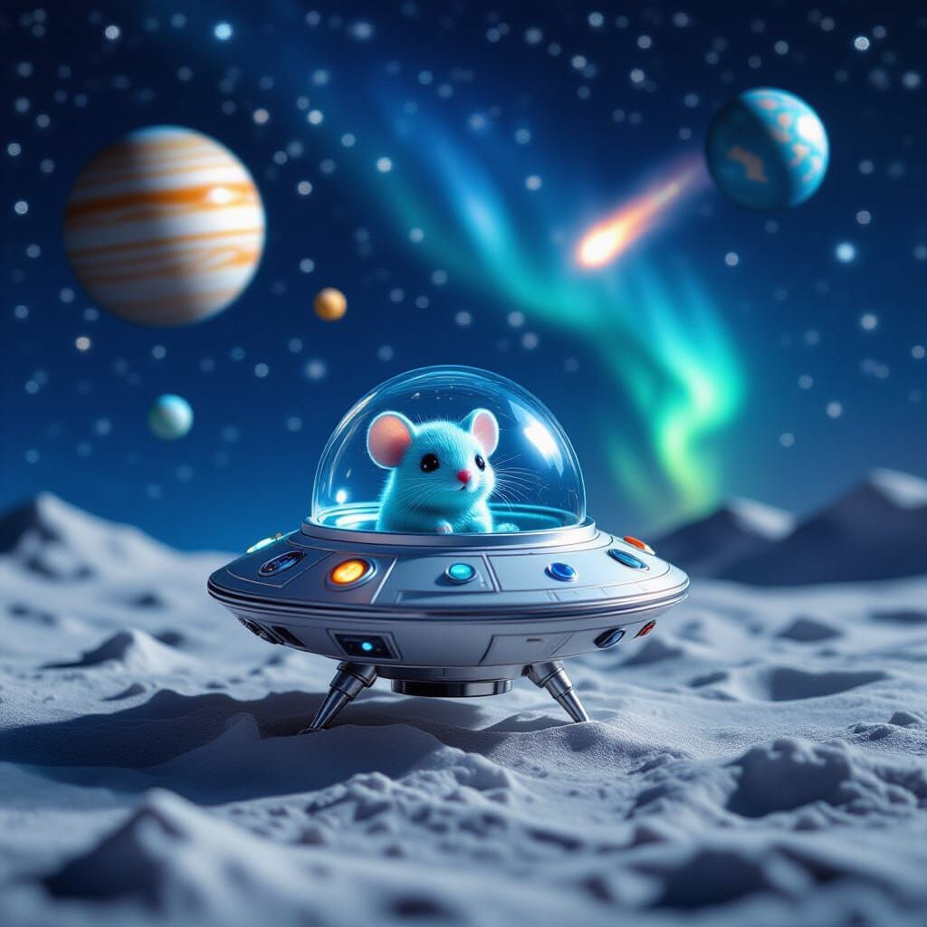 Miniature Alien Spaceship with Aqua Mouse on Moon Surface