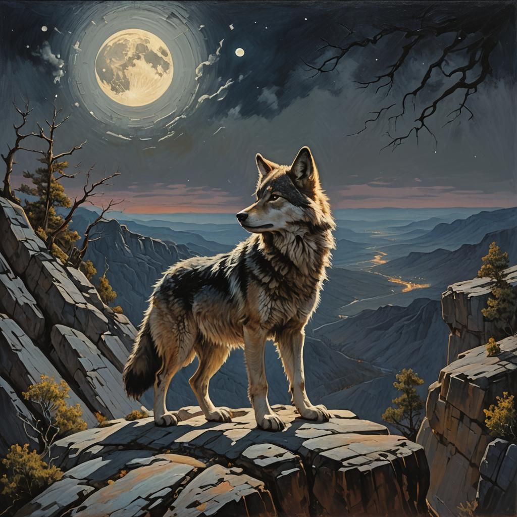 Wolf Pup Howling at Moon, Oil Painting