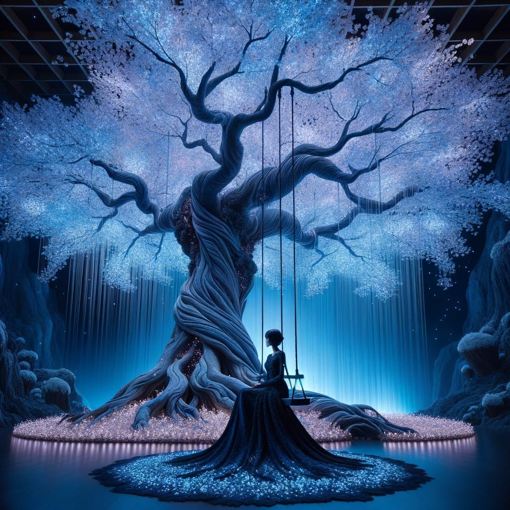 Black Woman on Swing Beneath Magical Winter Sakura Tree