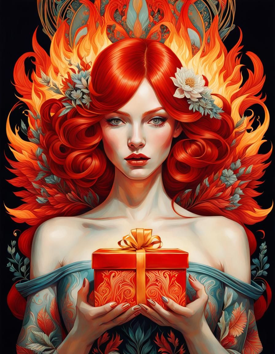 Fiery Haired Woman Portrait in Maximalist Style
