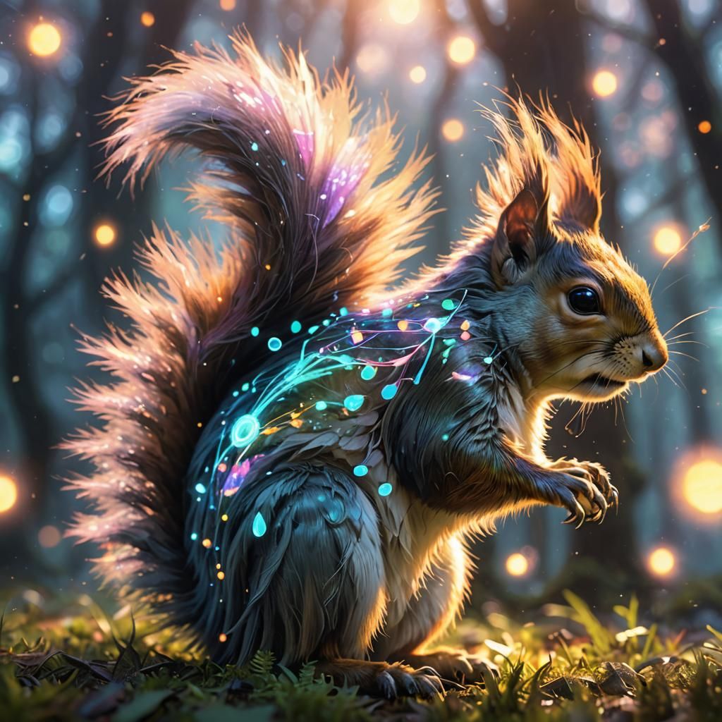 Iridescent Energy Squirrel in Anime Style