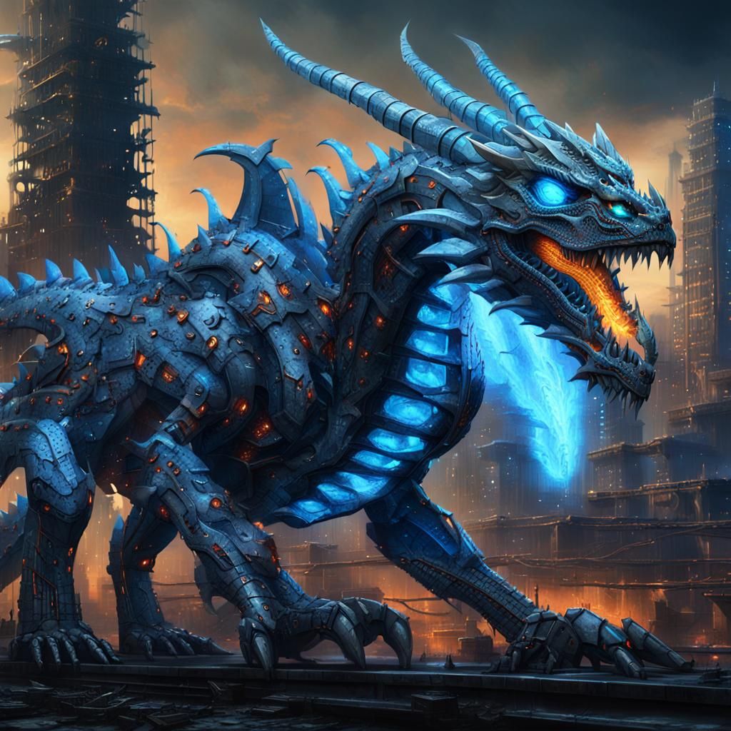 Biomechanical Battle Dragon in Ruined Cityscape
