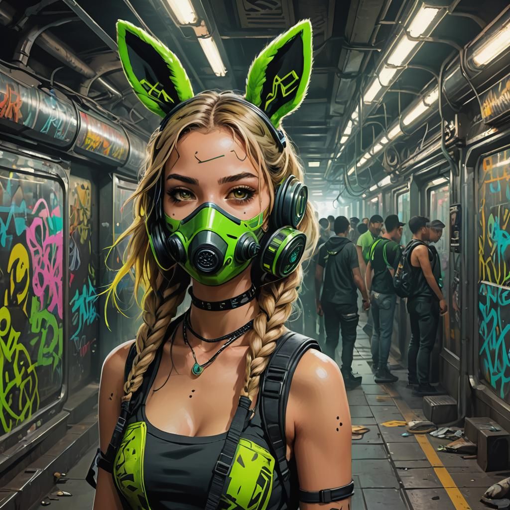 Cyberpunk Woman with Bunny Ears in Subway