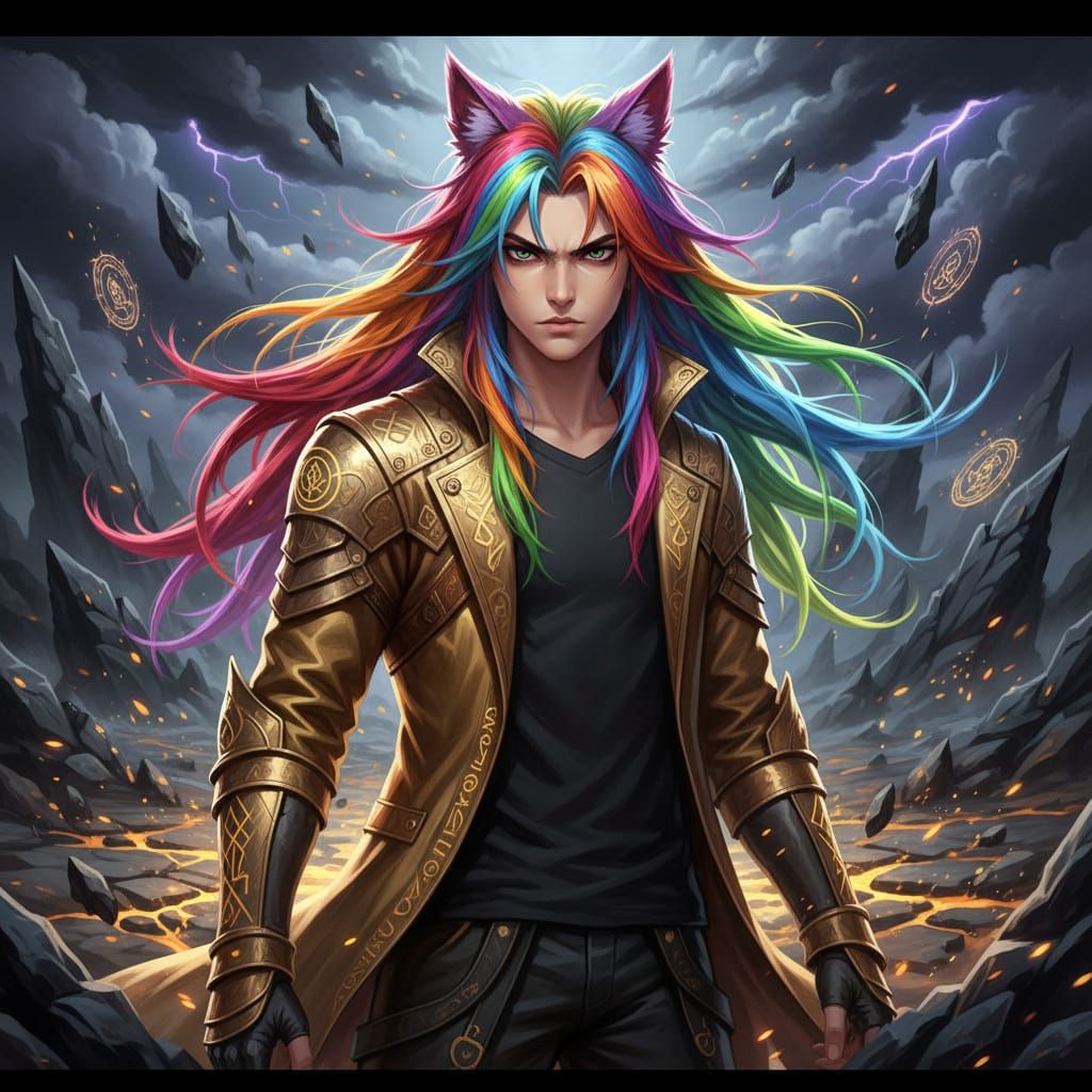 Intense Young Man with Rainbow Wolfcut in Dark 3D Anime Styl...