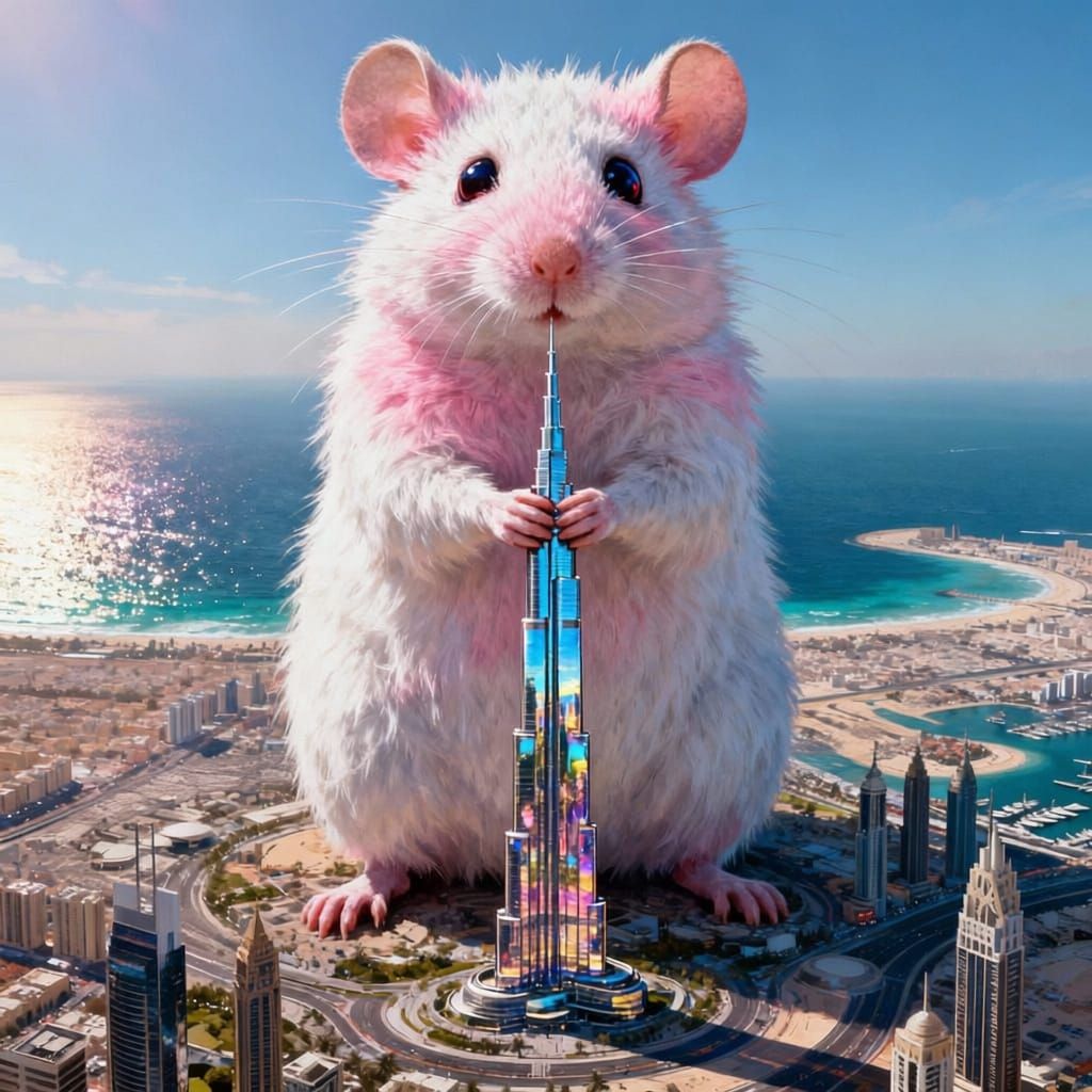 Giant Fuzzy Mouse Holds Burj Khalifa in Dubai