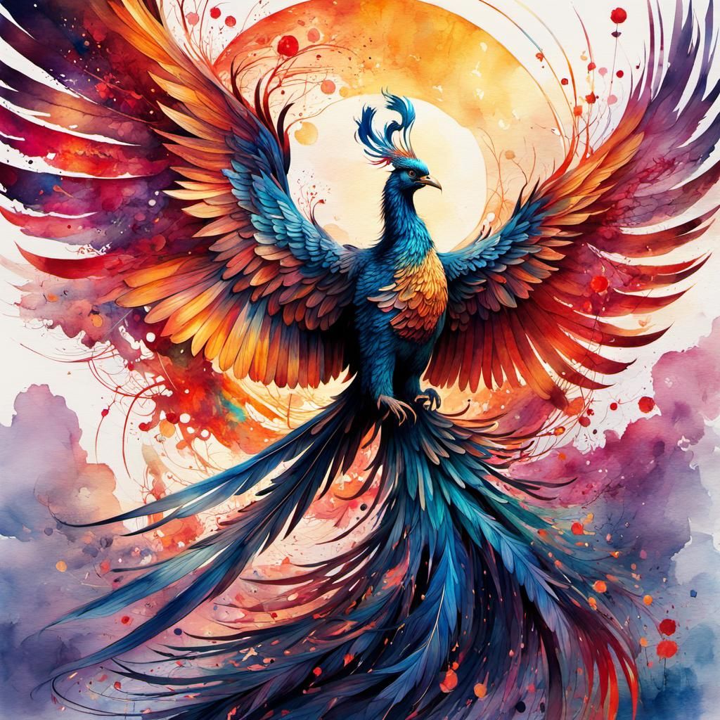 Chinese Phoenix in Digital Watercolor Style