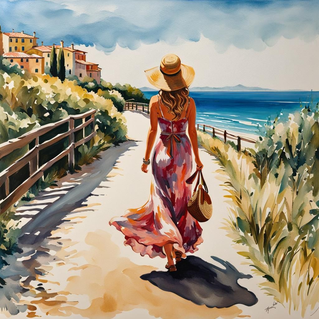 Tuscan Beach Boardwalk in Color Ink Style