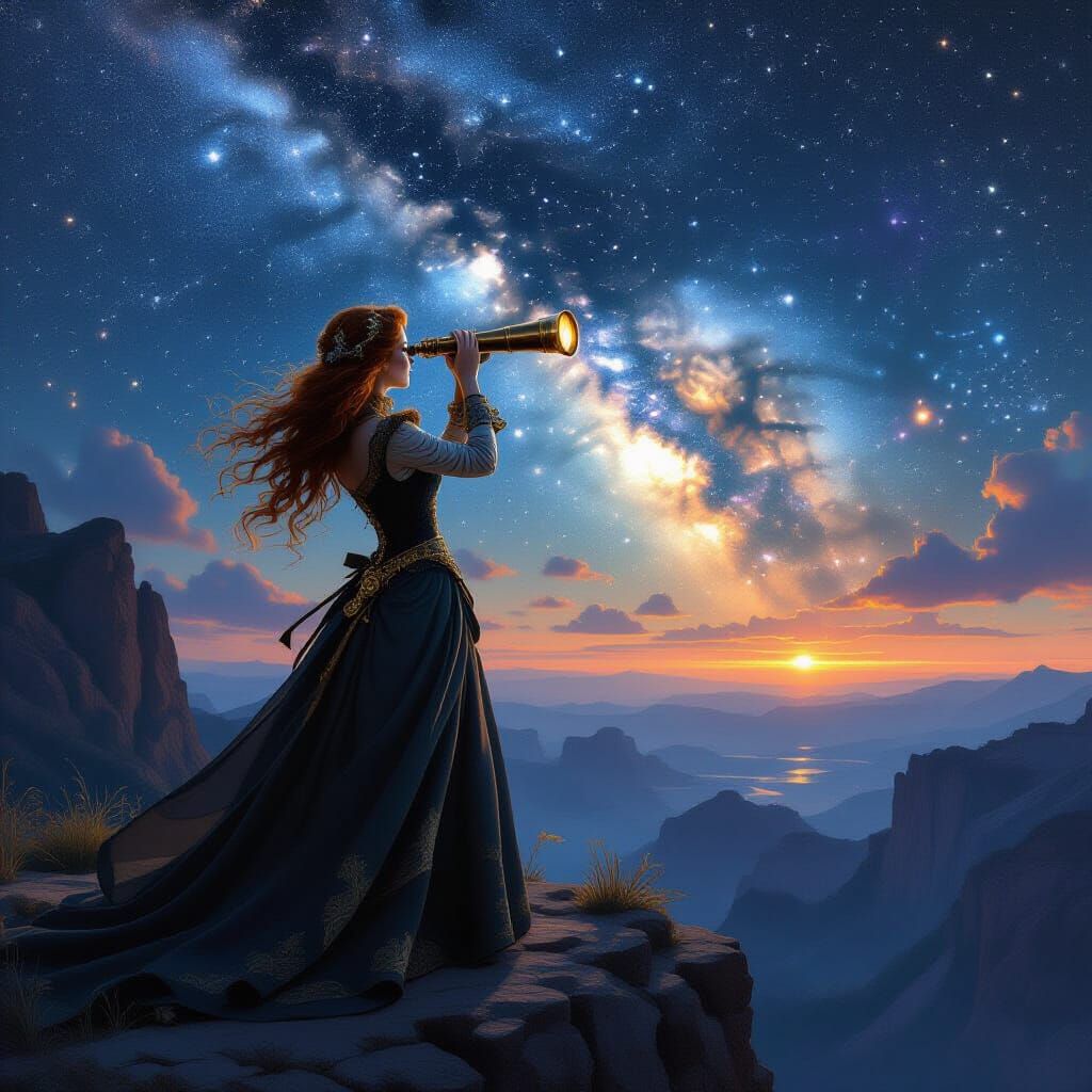 Steampunk Woman Gazing at Nebula as Matte Painting