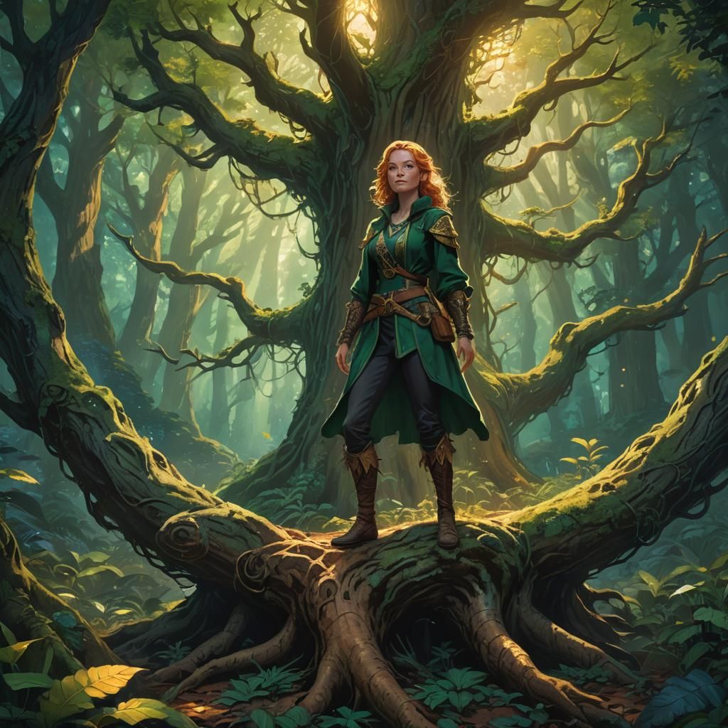 Emma Snow: Adventurer in Emerald Forest, Fantasy Art