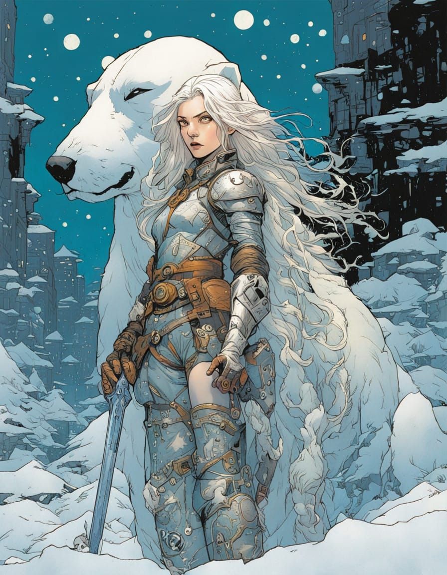 Ethereal Snow Queen with Polar Bear Guardian in Dark Fantasy