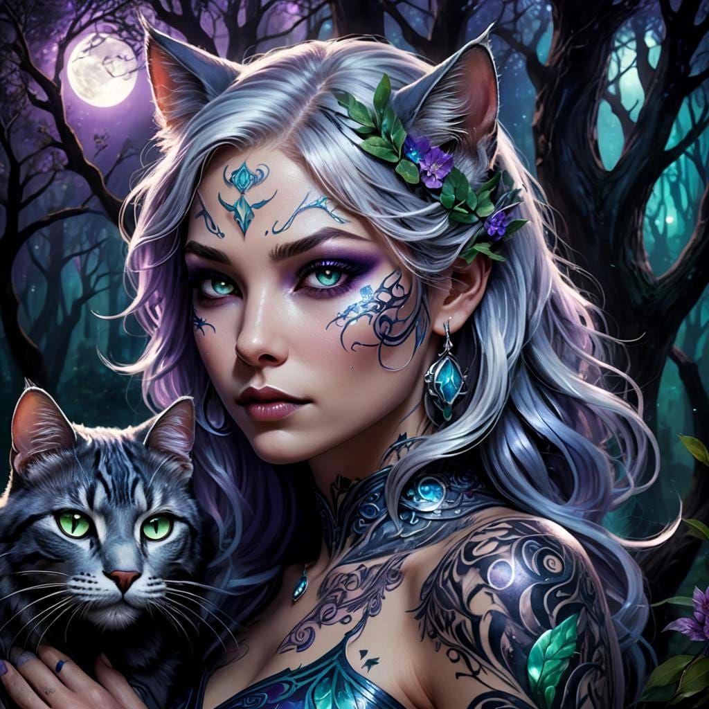 Ethereal Cat Woman with Pet Cat in Fantasy Art