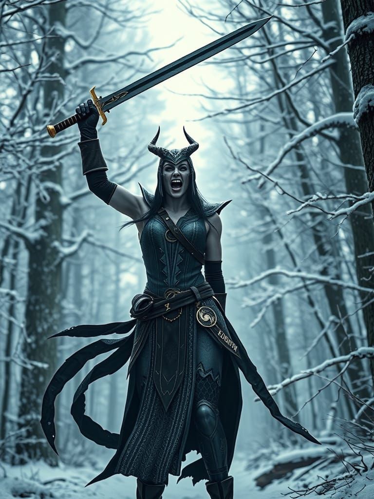 Sindel Victorious in Winter Forest: Hyperrealistic Scene