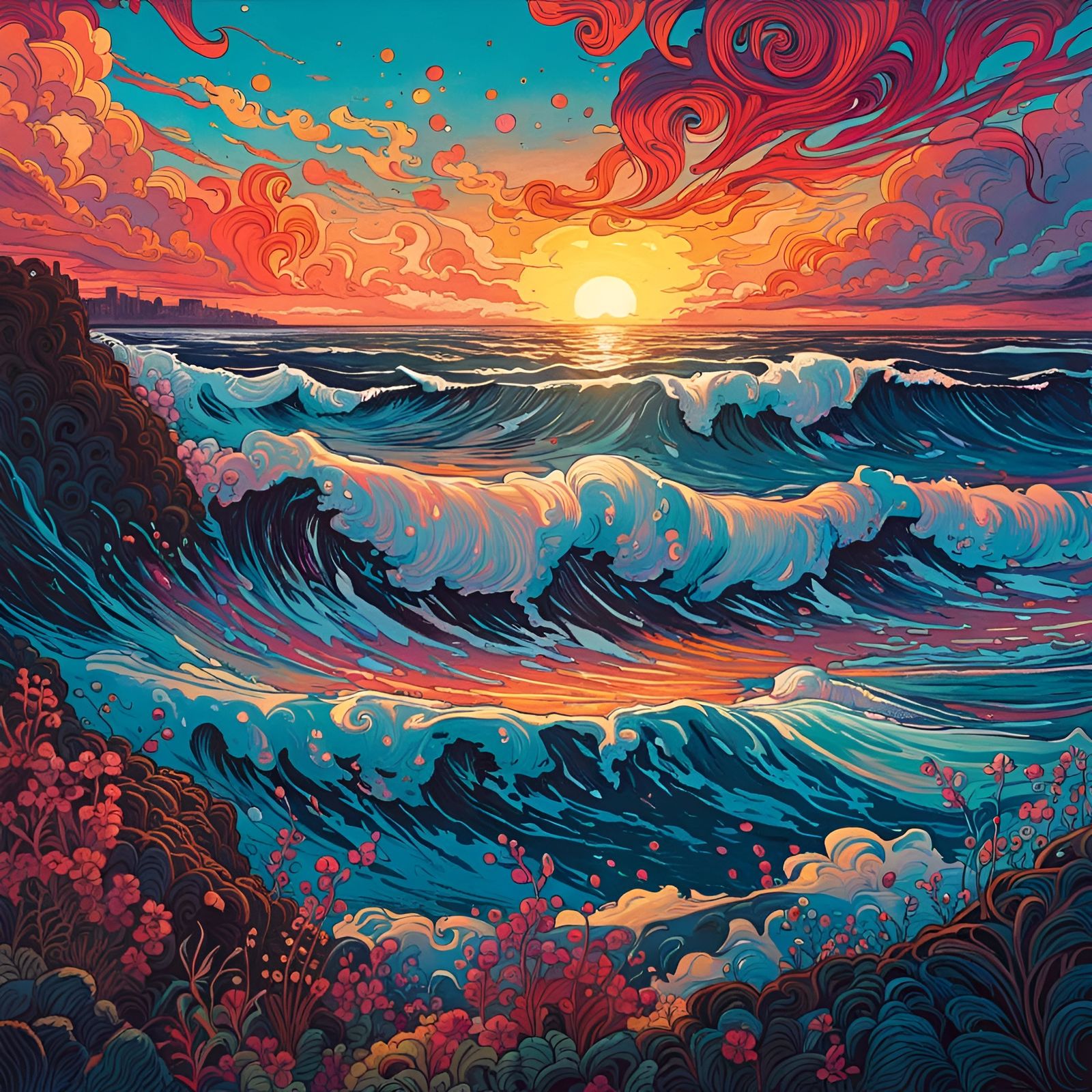 Ocean Sunset in Fluid Art Style