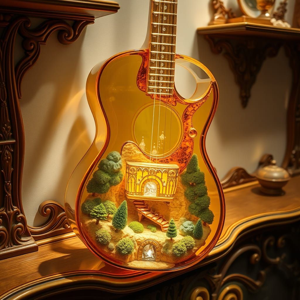 Golden Glass Guitar with Miniature World Inside