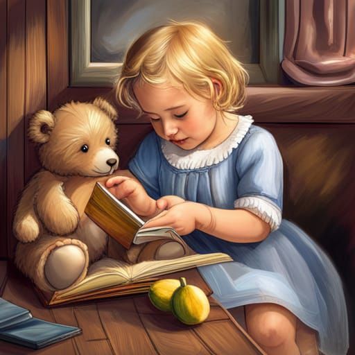 Toddler Shares Book with Teddy Bear: Hyperrealistic