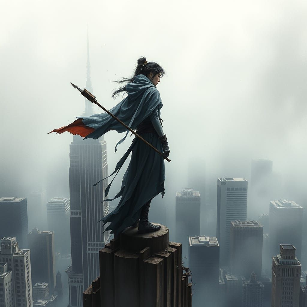 Ethereal Hakka Woman in Post-Apocalyptic Cityscape