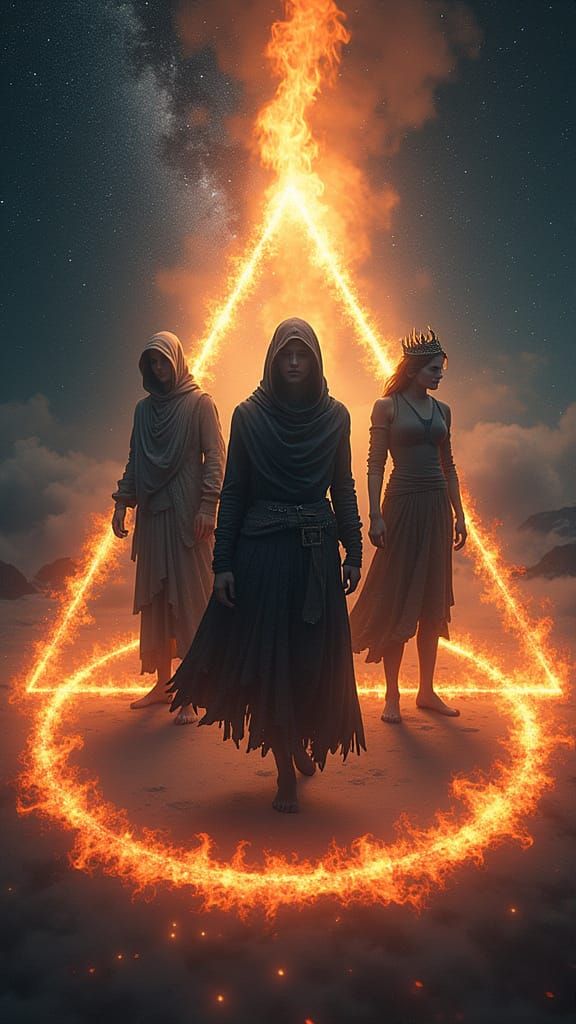Mystical Triad of Cosmic Beings in Celestial Harmony