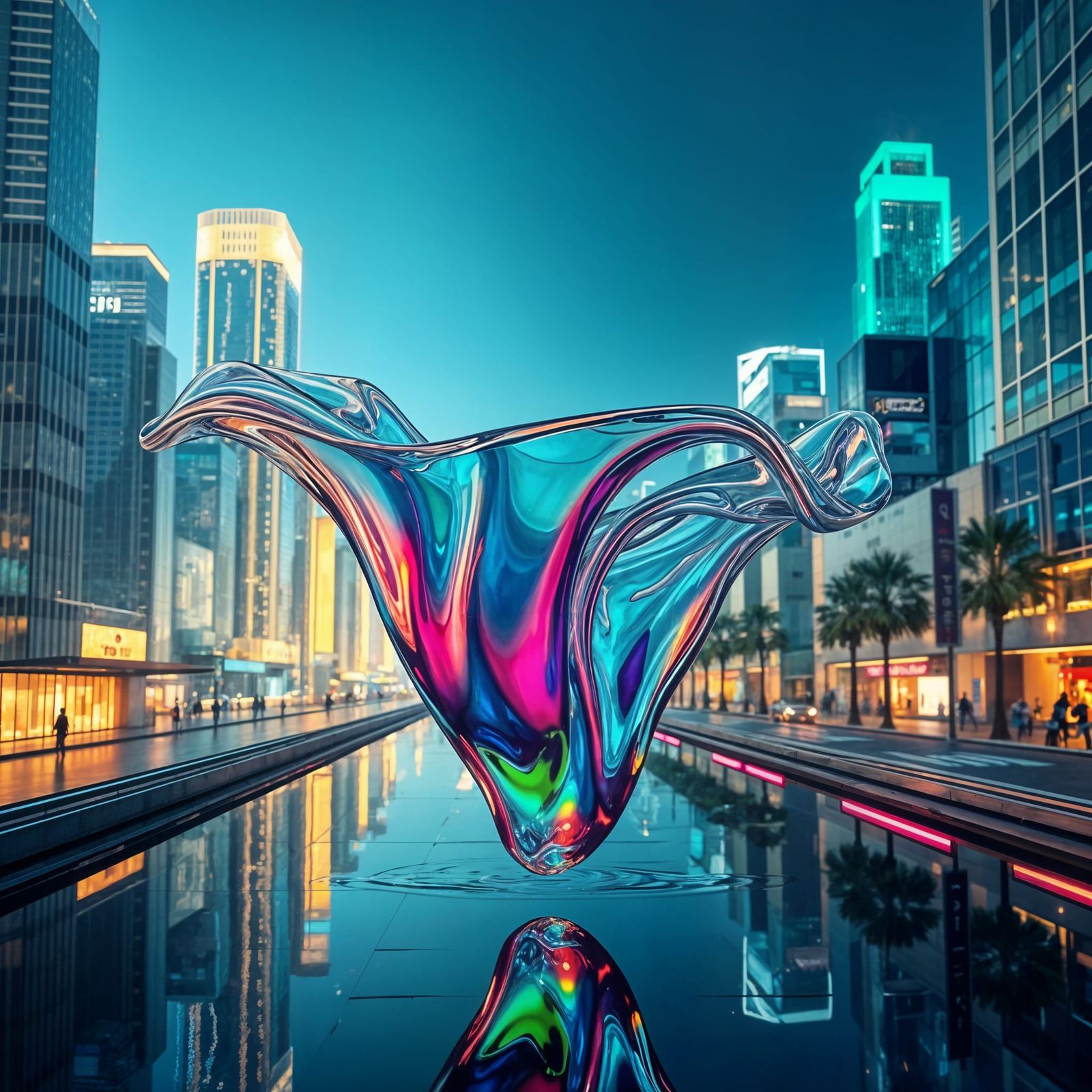 Mesmerizing Iridescent Water Sculpture in Futuristic Metropo...