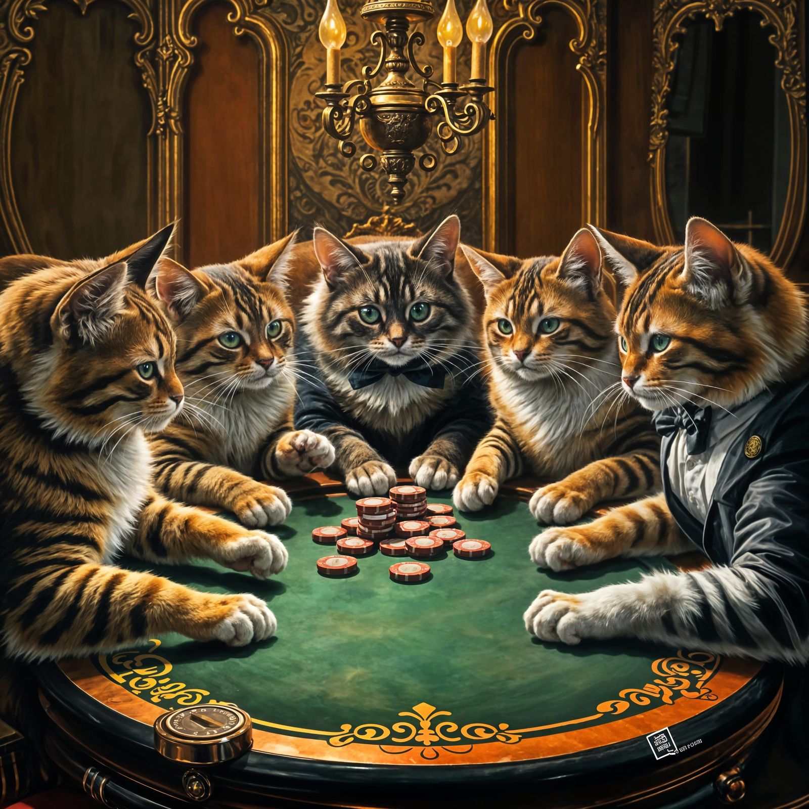 Whimsical Feline Poker Night in a Fantastical Art Style
