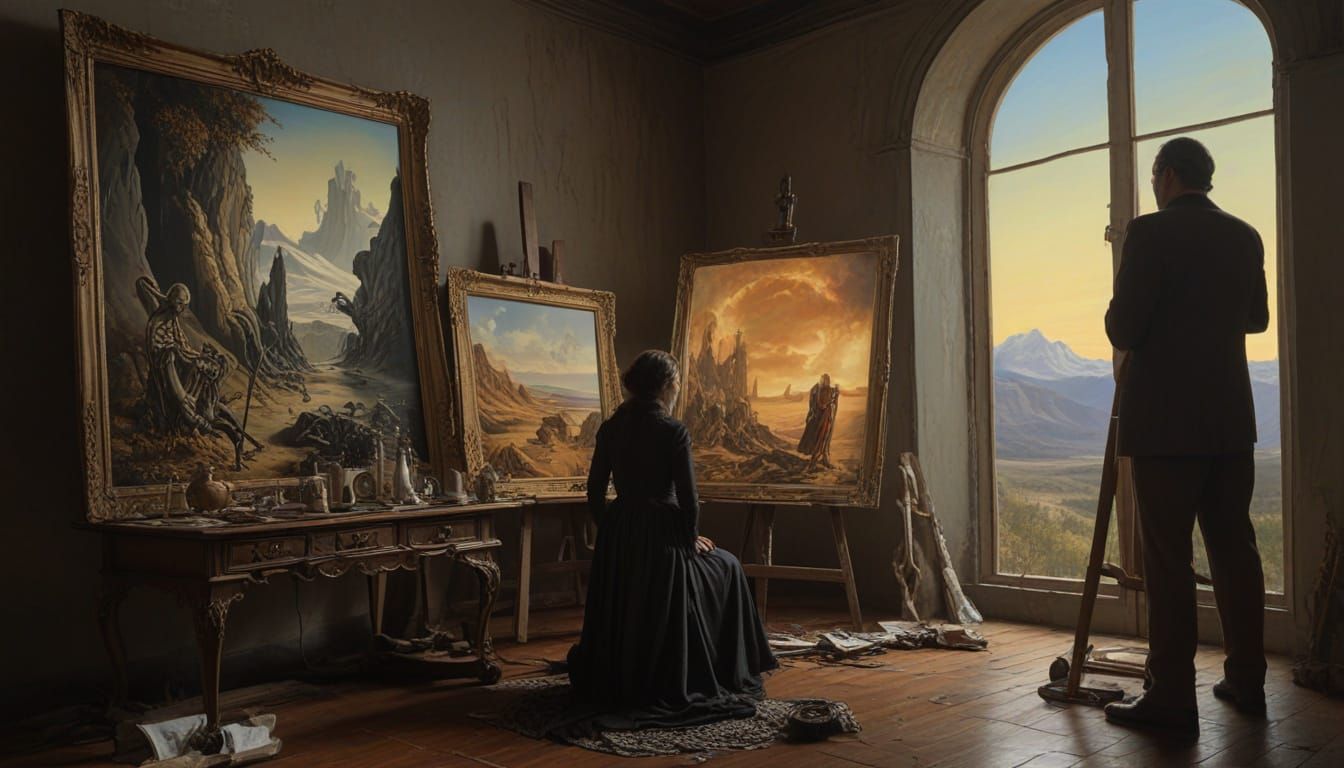 Surreal Artist's Studio with Shadowed Figure