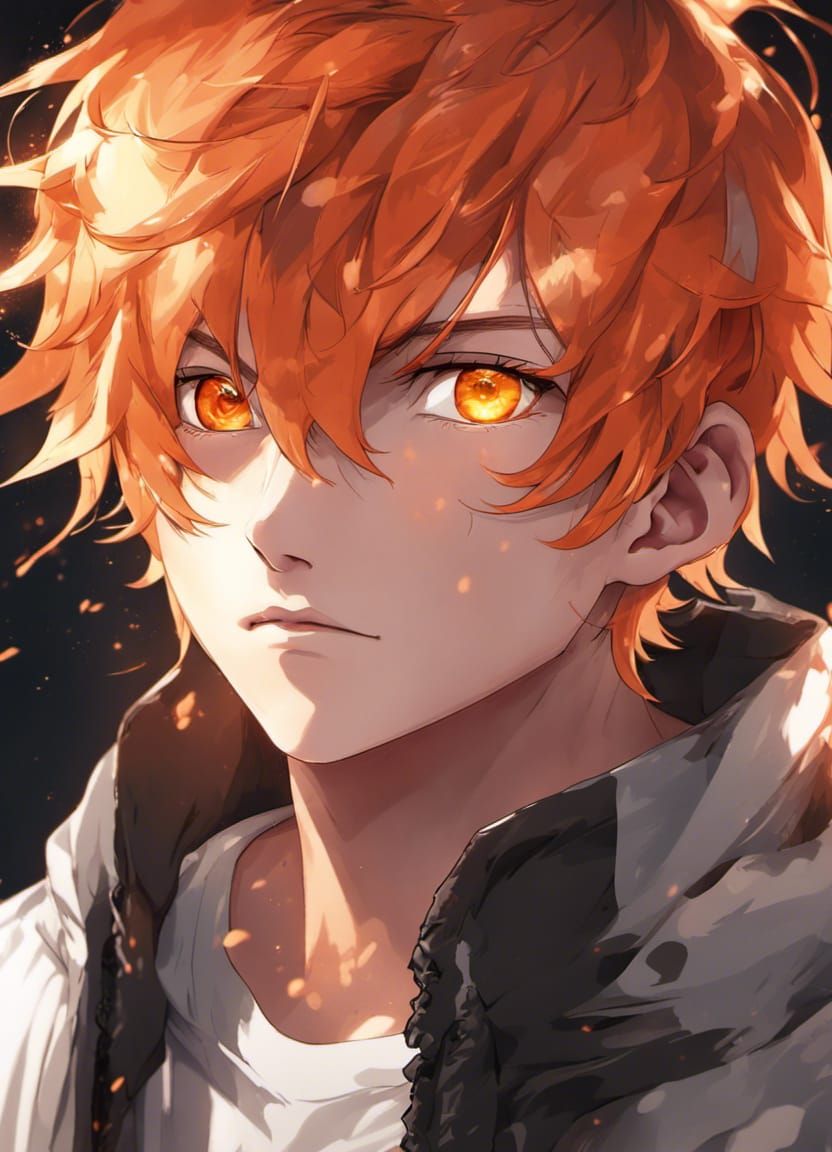Anime Boy with Fiery Hair and Orange Eyes
