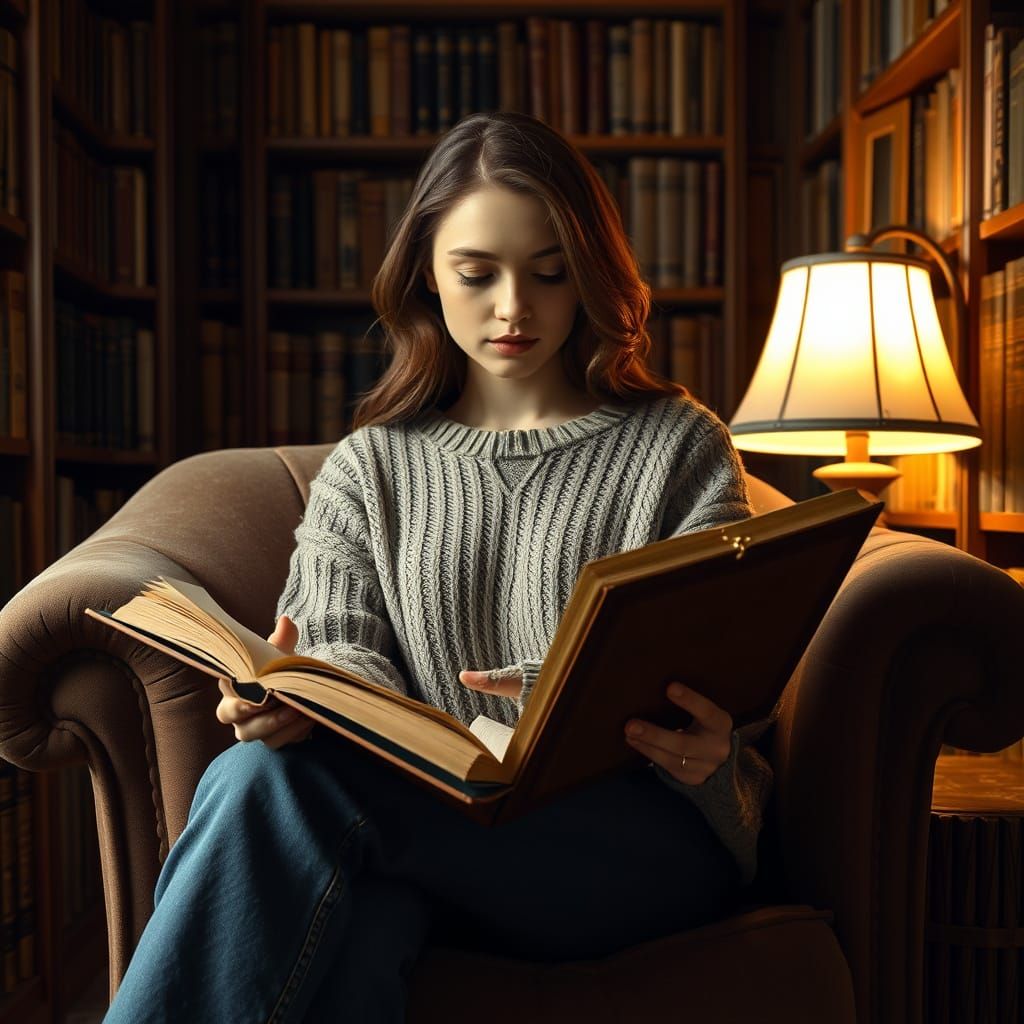 Hyper Realistic Young Woman Reads in Cozy Book Nook