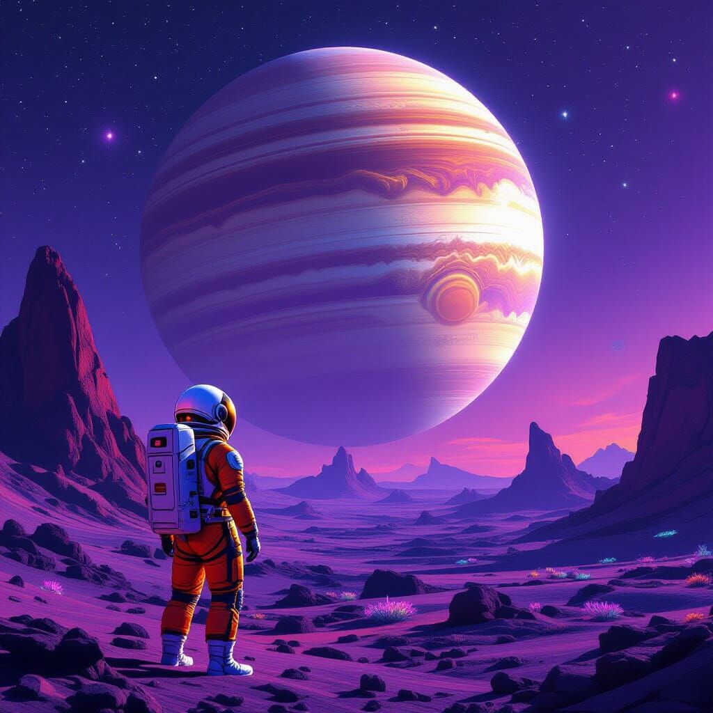 Astronaut Gazes at Ringed Planet on Alien World