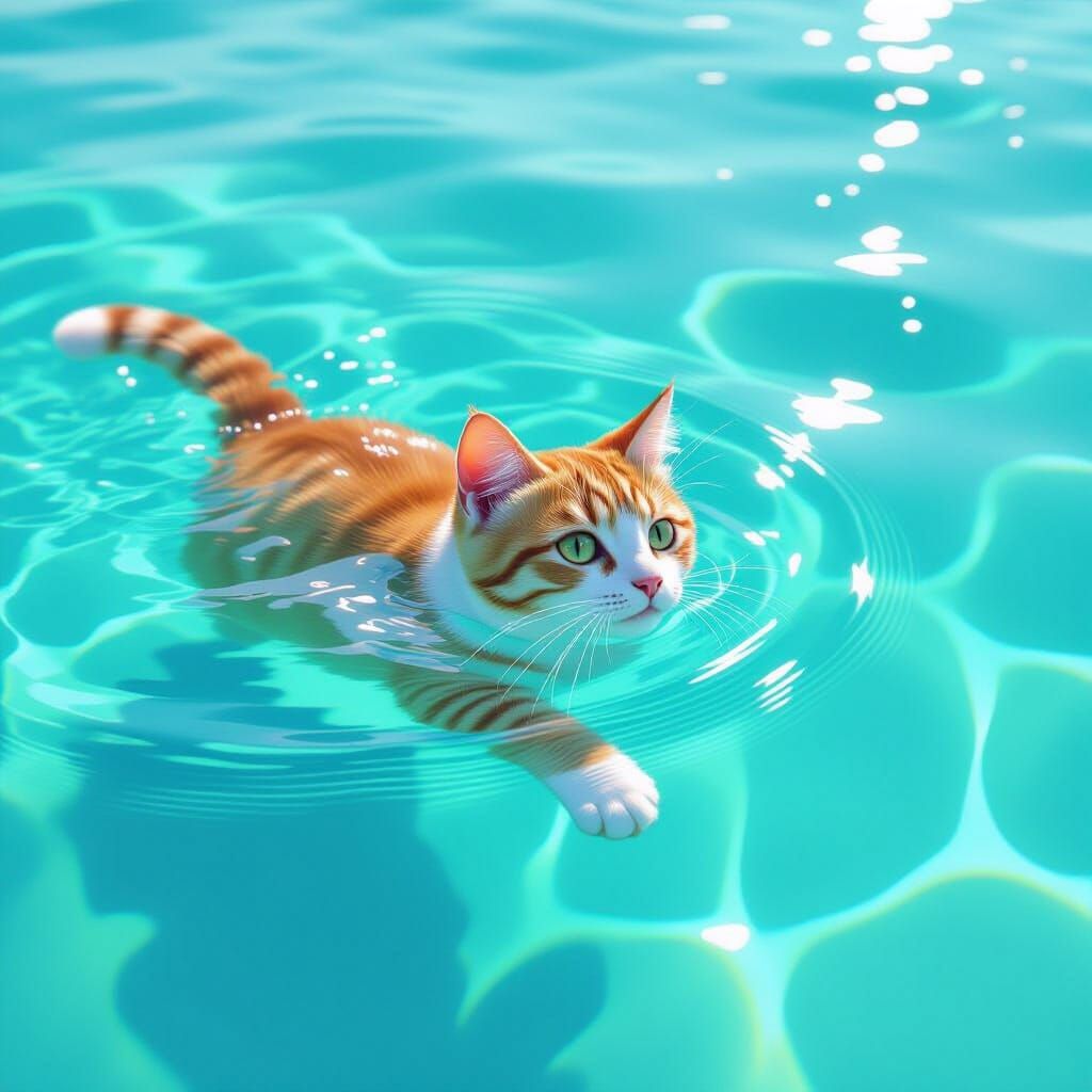 Cat Swimming in Turquoise Water, Loish Style