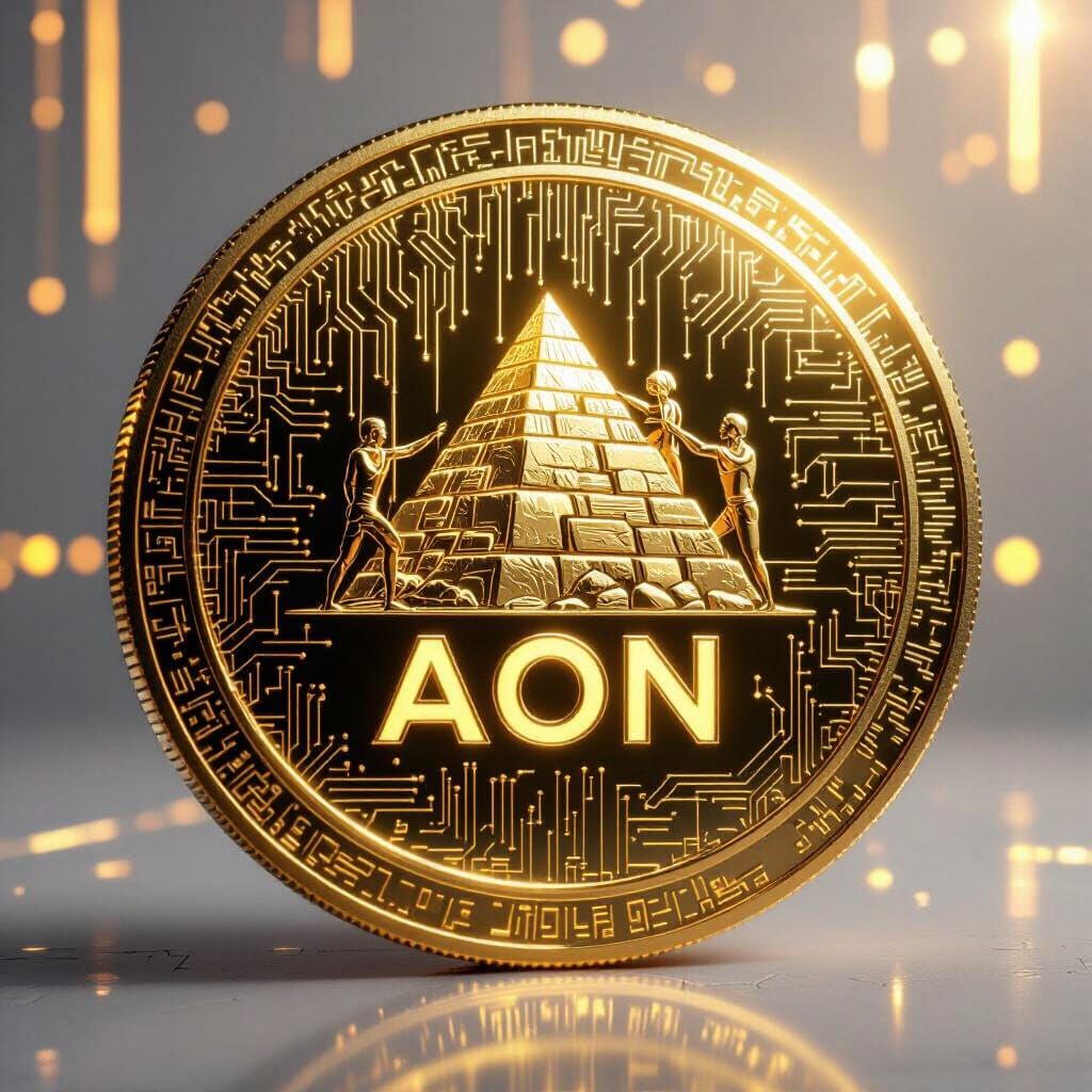 Futuristic Gold AON Cryptocurrency Coin in Digital Art Style