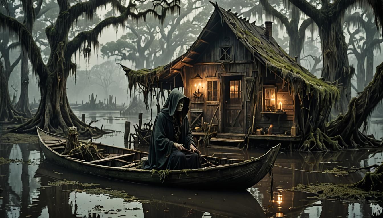 Swamp Witch Arrives at Bayou Shack in Golden Light